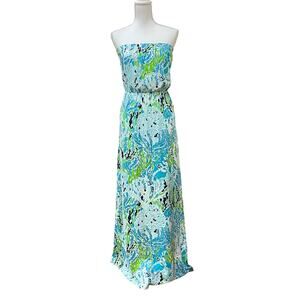 Lilly Pulitzer Women Sz S Marlisa Strapless Maxi Dress in Blue Spa Let's Cha Cha